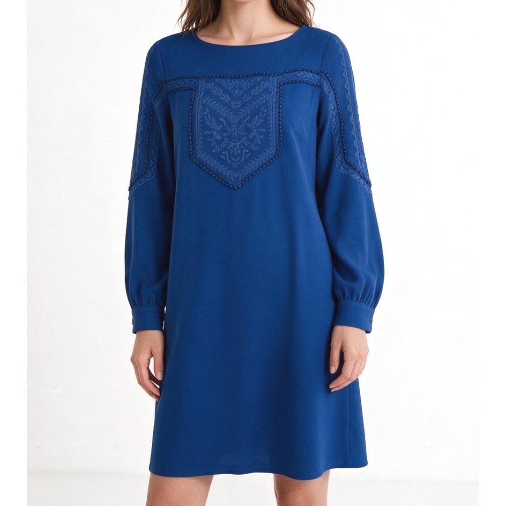 GIBSON & LATIMER Blue CREPE Embroidered Tassel BUTTON BACK Shift Dress Sz M